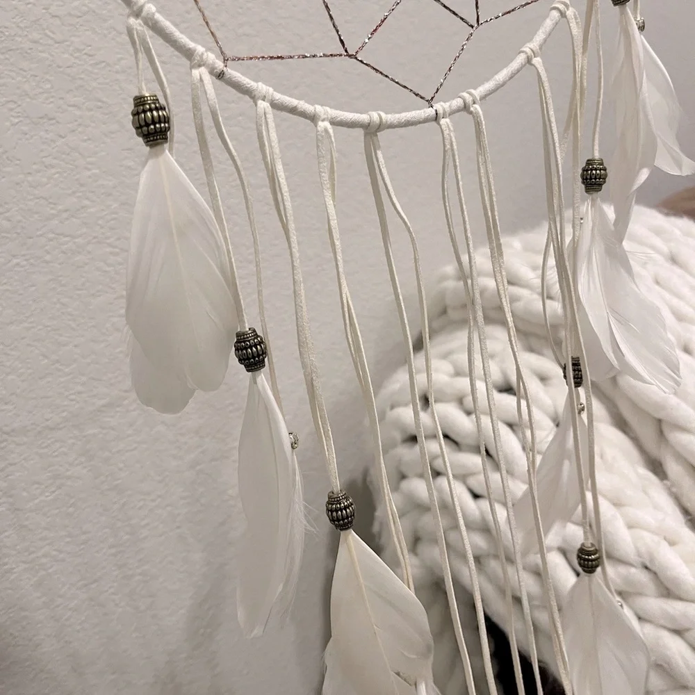 LEATHER WHITE FEATHER BEADED METALLIC COPPER SILVER THREAD BOHO DREAMCATCHER